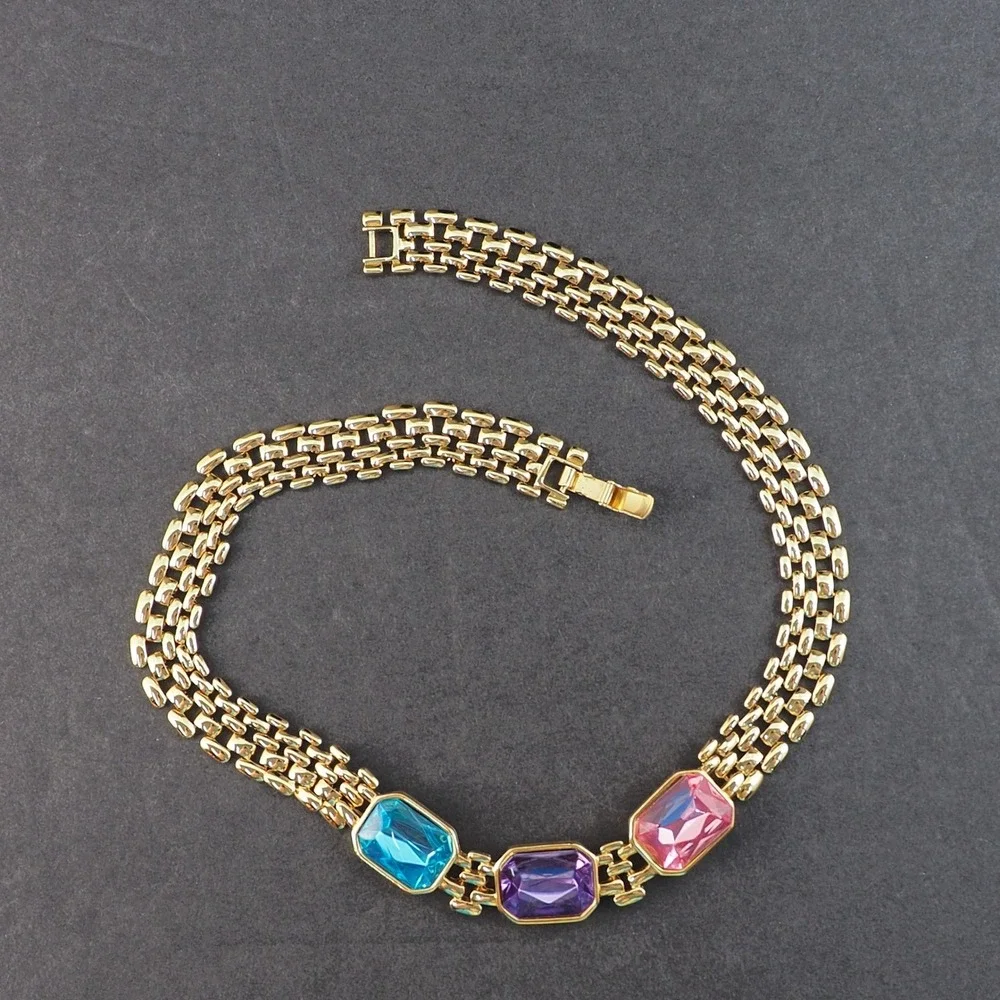 Trifari Panther Link Choker Necklace Pink Blue Purple Glass Gold Tone MCM VTG